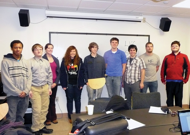  Lebanon Valley College project proposers Cedrick McDonald, Gregory Renner, Dr. Ruth Malenda, Hannah Pell, Matt Campbell, Nick Durofchalk, Anthony Hoover, Andrew Burkholder, and Douglas Olinger. Photo courtesy of Dr. Ruth Malenda.